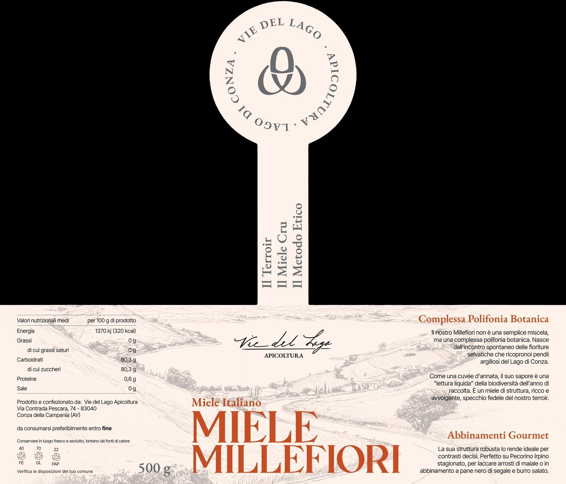 Etichetta Miele Millefiori con elementi annotati